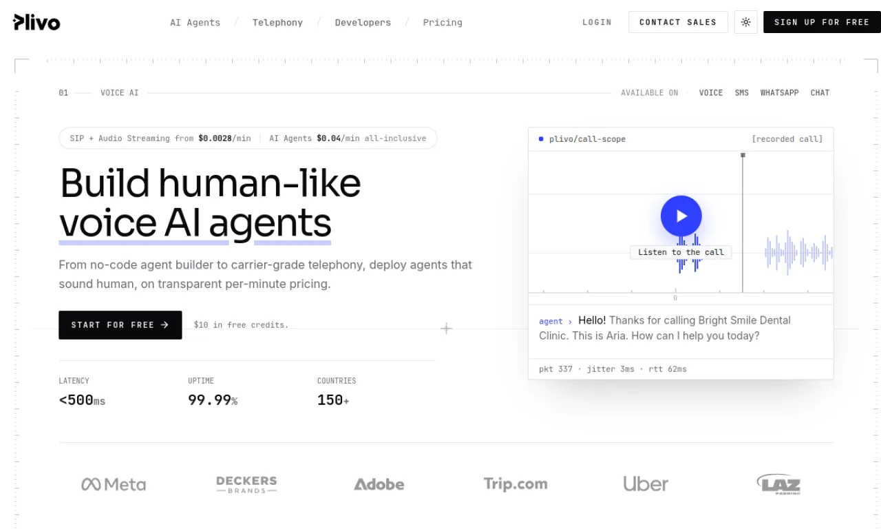 Screenshot of Plivo website