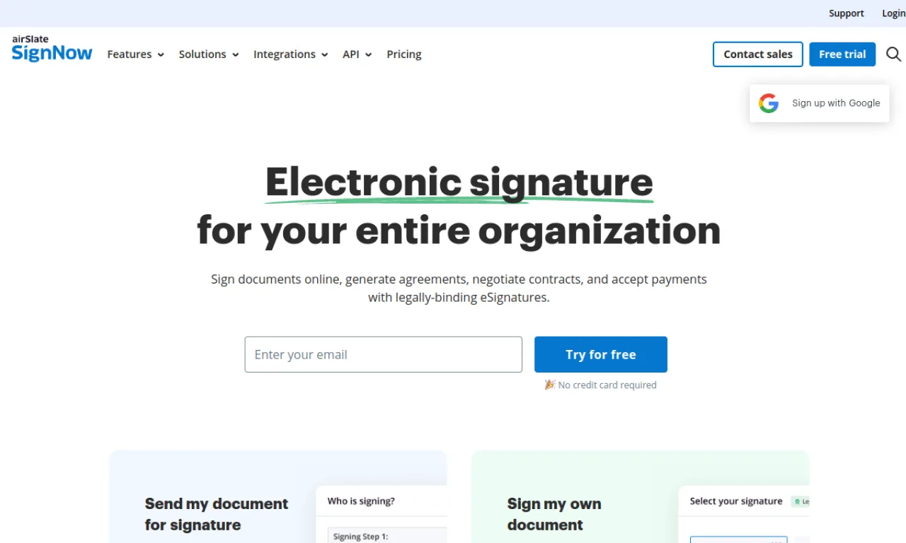 Screenshot of Sign Now (airSlate) website