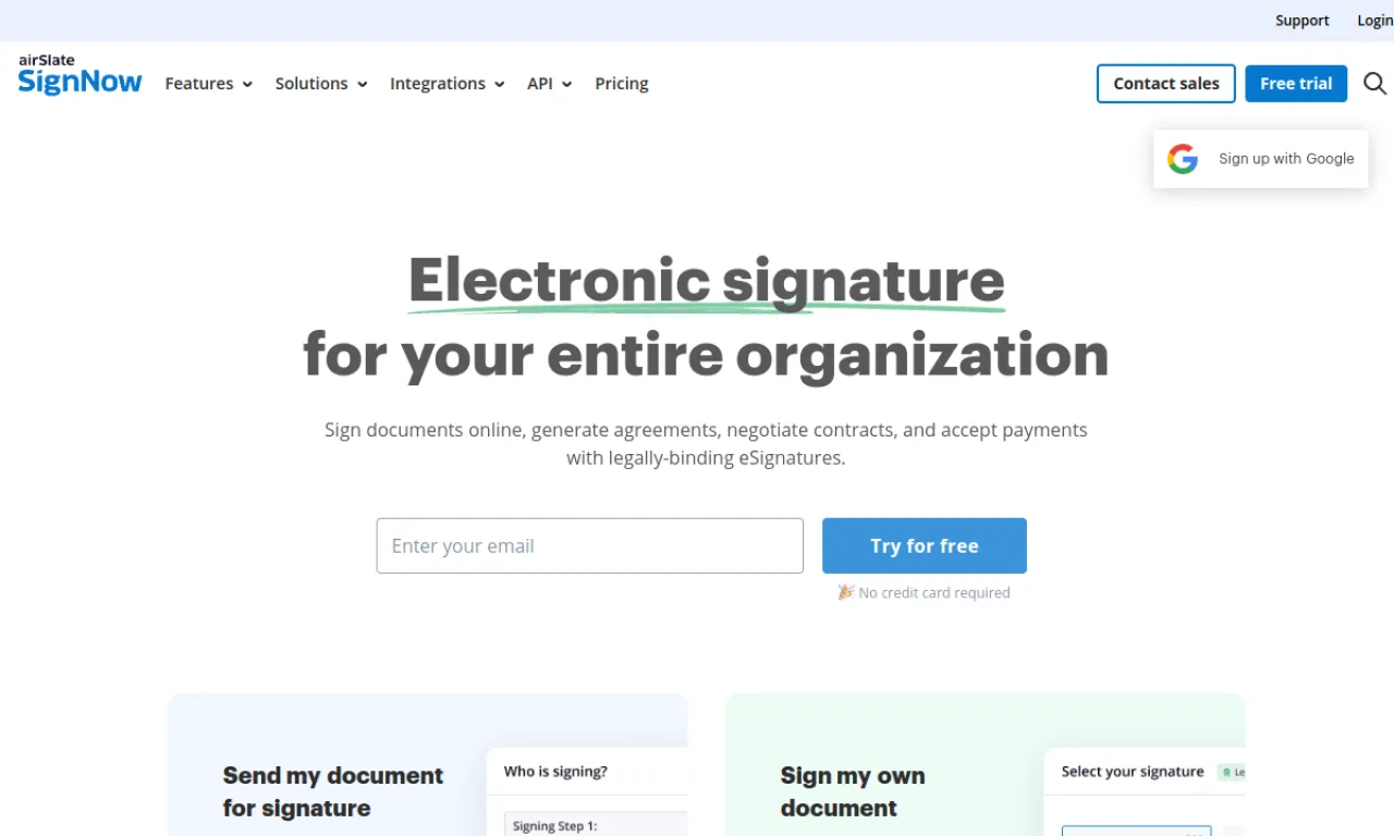 Screenshot of Sign Now (airSlate) website