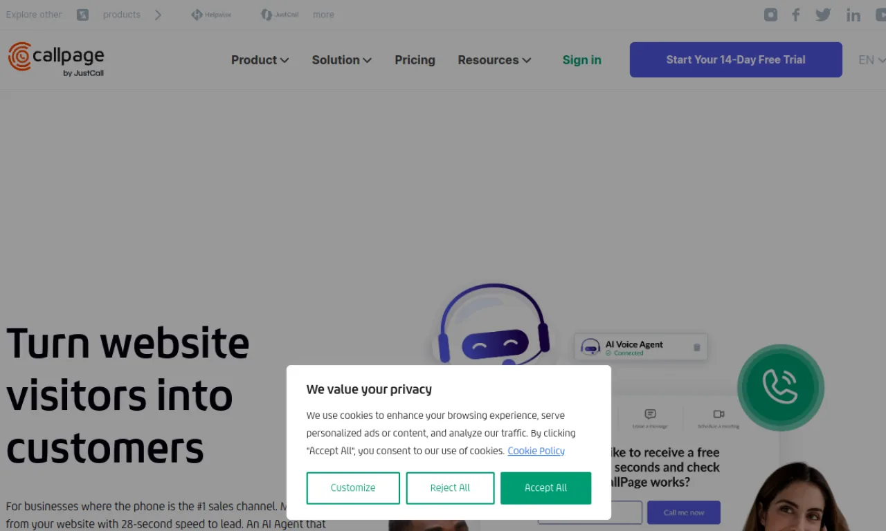 Screenshot of Novocall / CallPage website