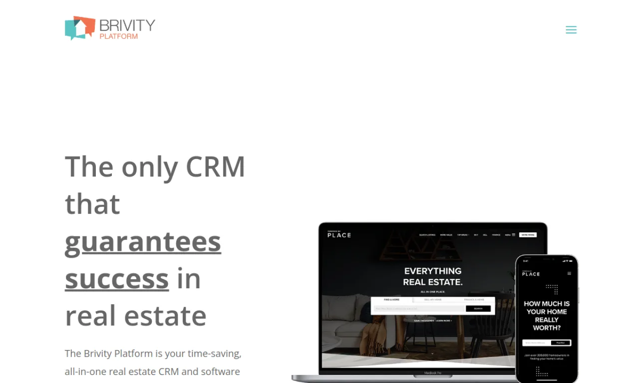 Screenshot of kvCORE Smart CRM / Brivity website