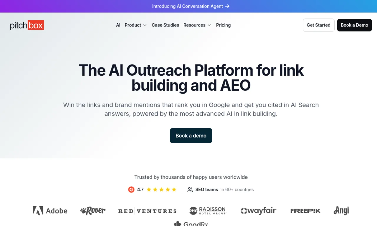 Screenshot of Pitchbox website