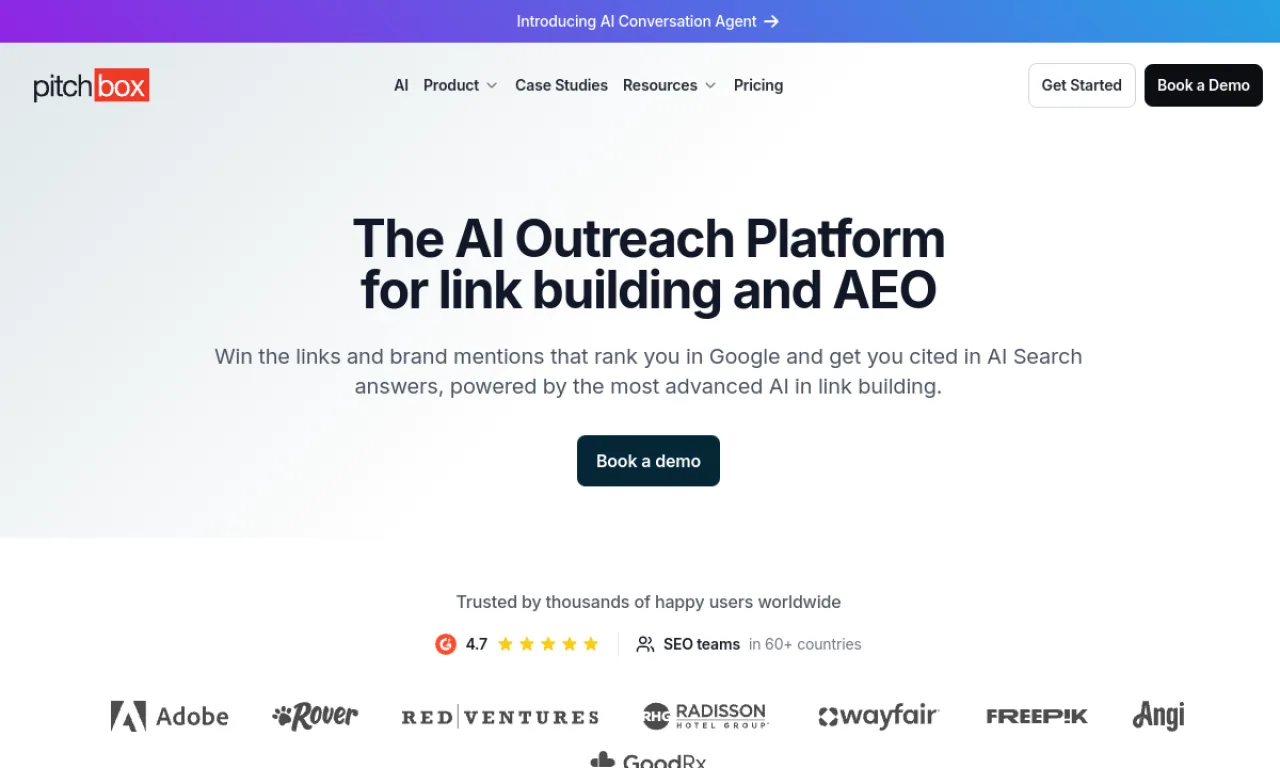 Screenshot of Pitchbox website