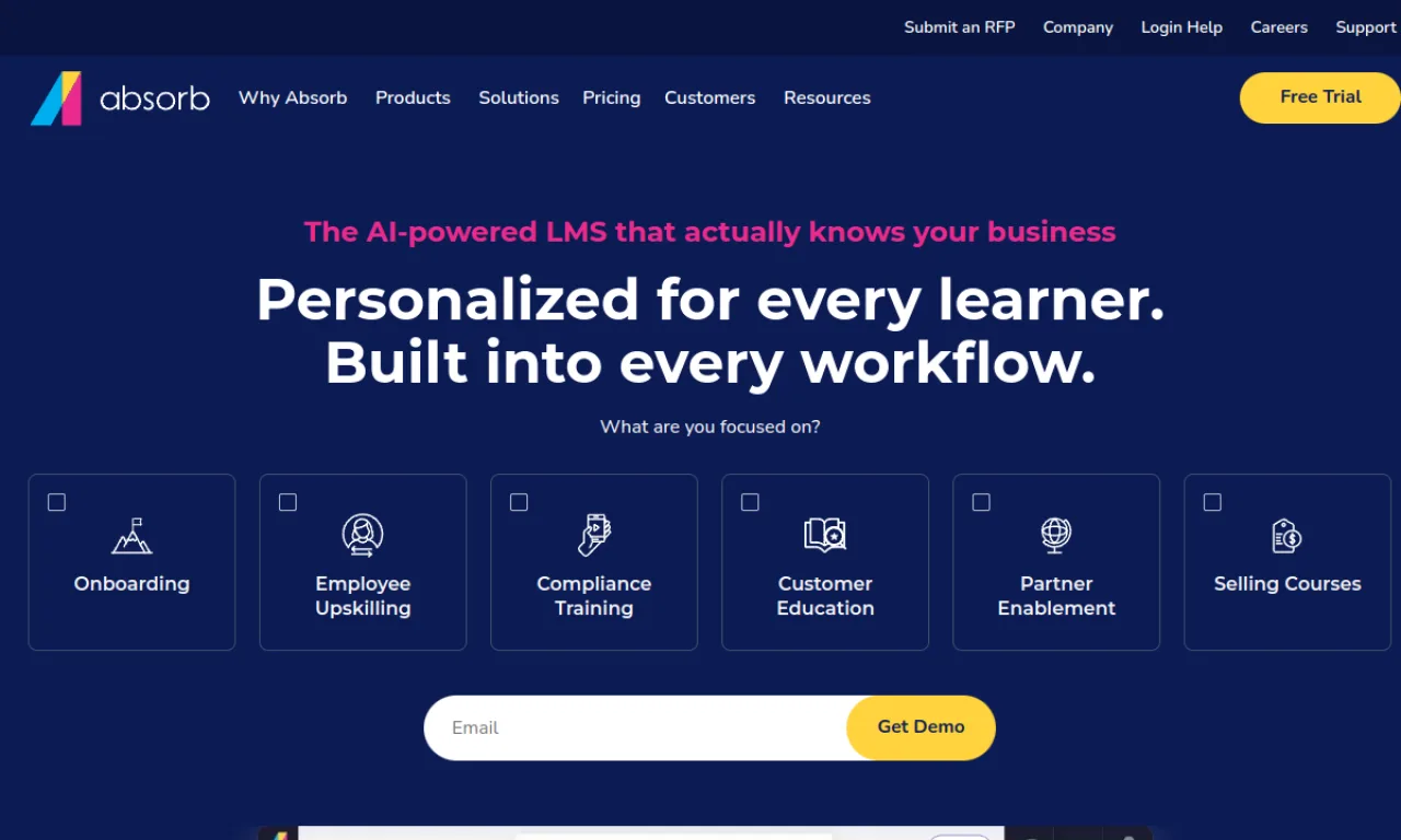 Screenshot of Absorb LMS website