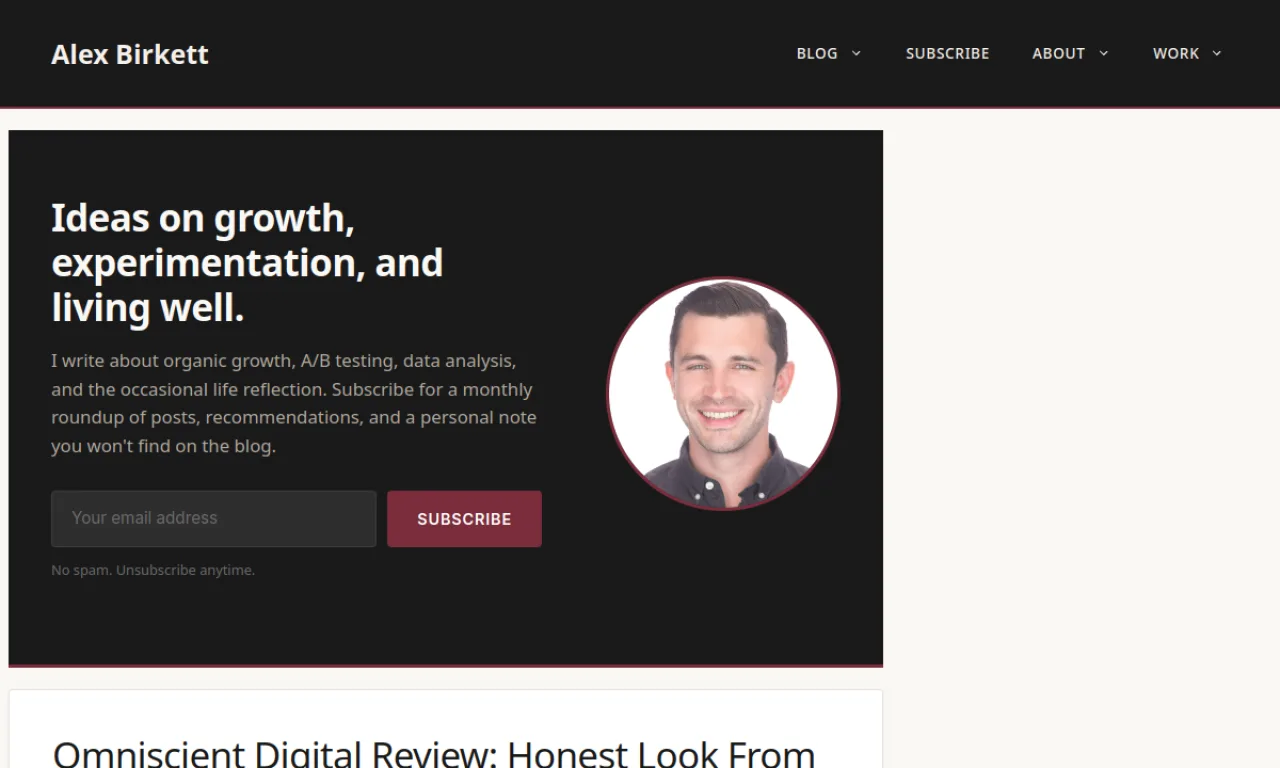 Screenshot of Alex Birkett website