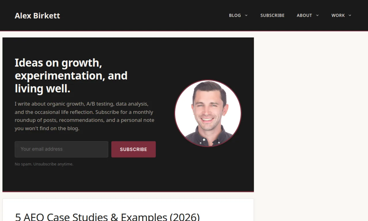Screenshot of Alex Birkett website