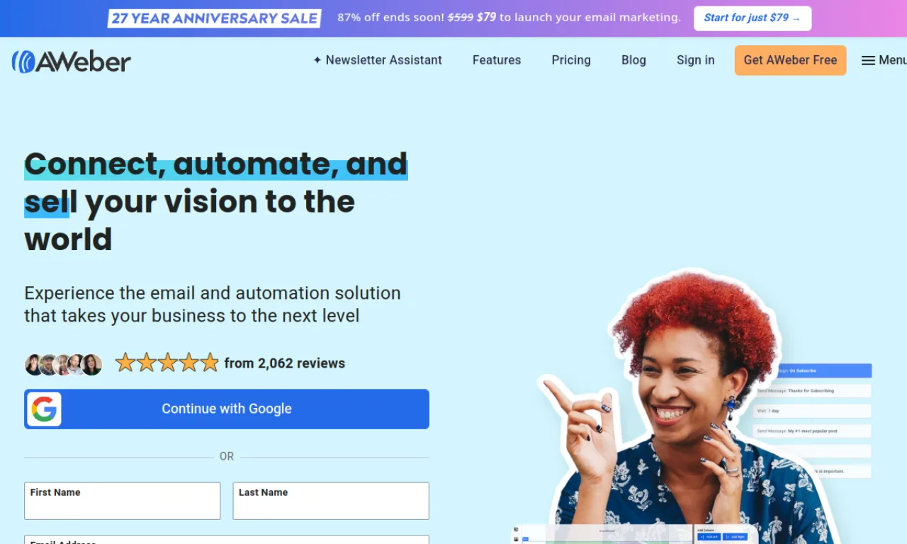 Screenshot of AWeber website