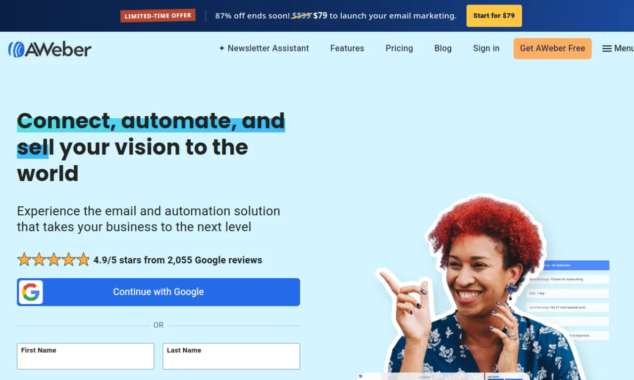 Screenshot of AWeber website
