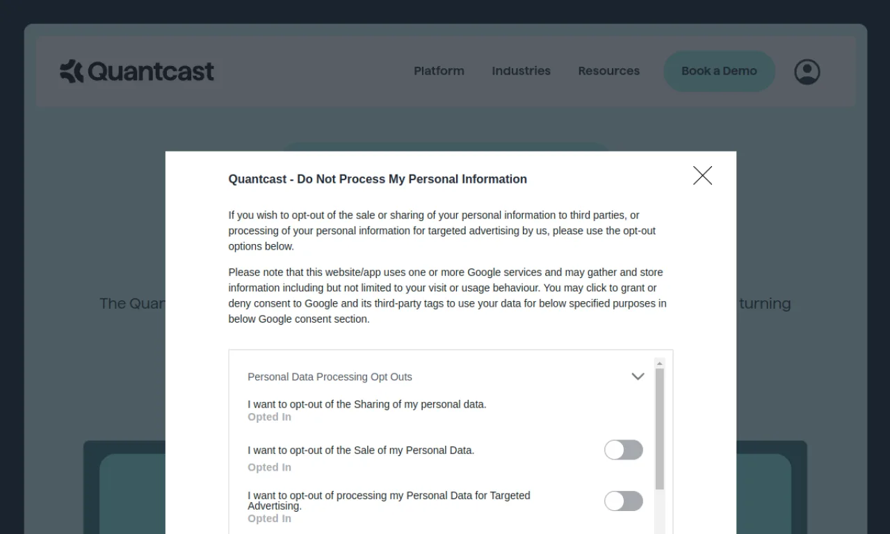 Screenshot of Quantcast website
