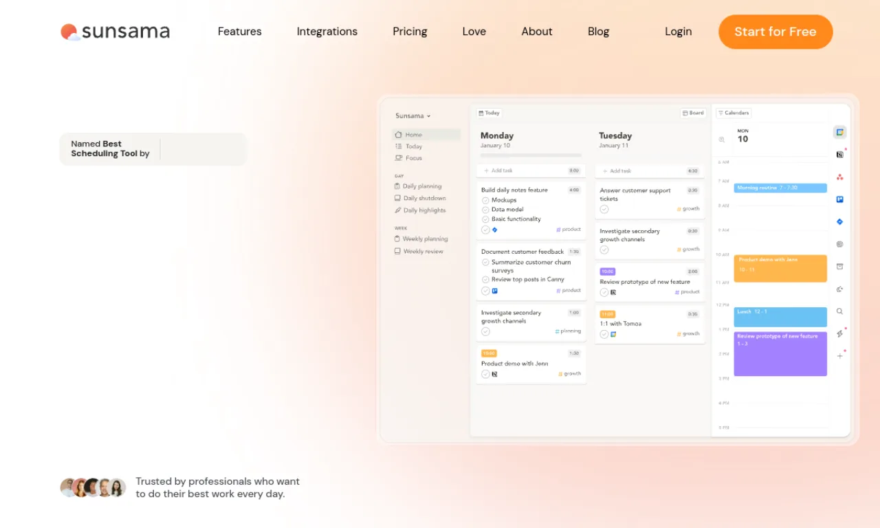 Screenshot of Sunsama website