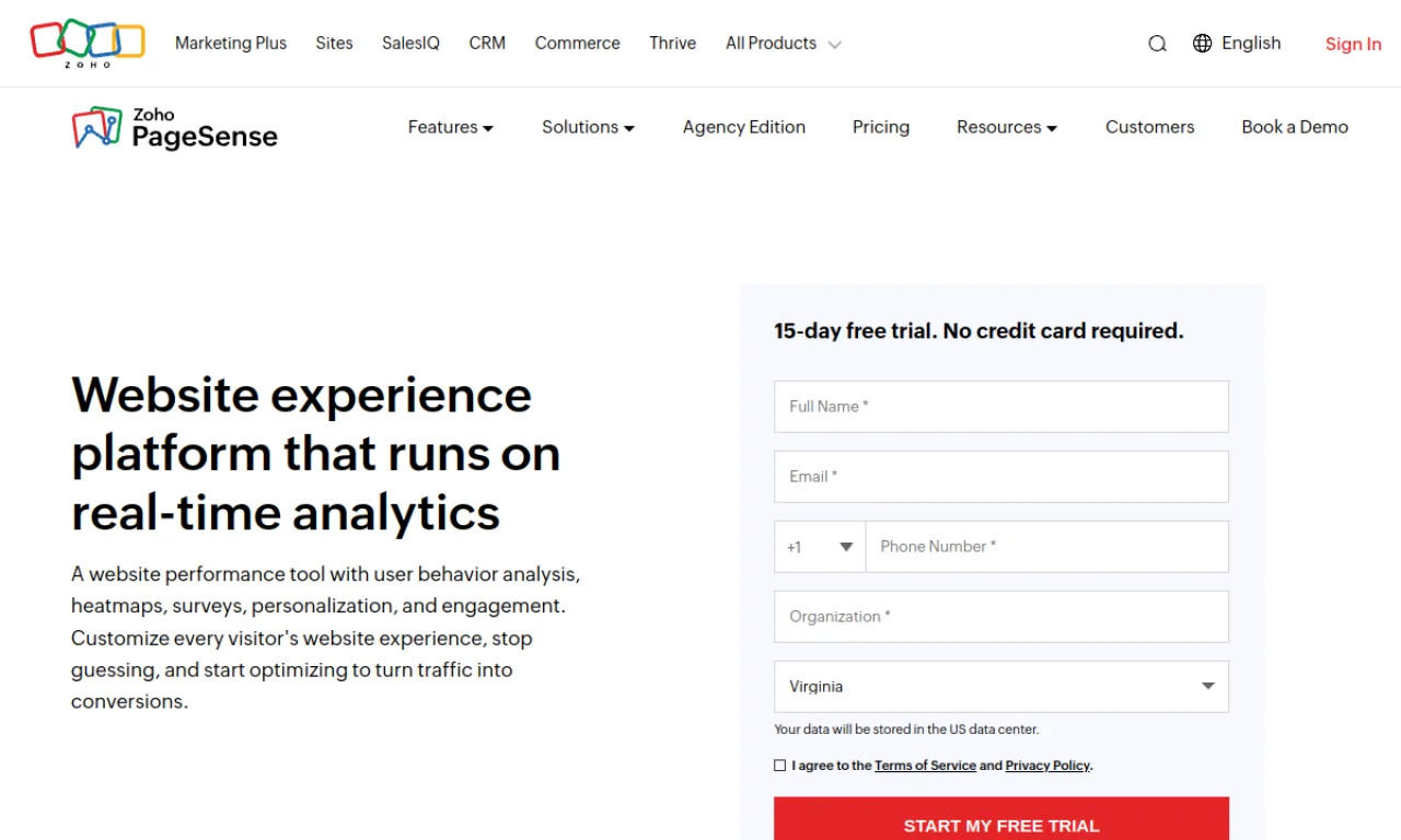 Screenshot of Zoho PageSense website