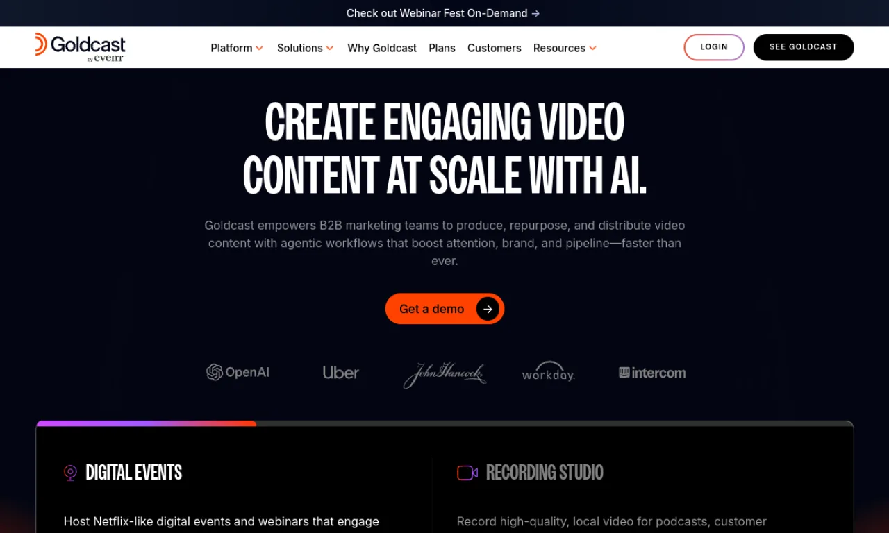 Screenshot of Goldcast website