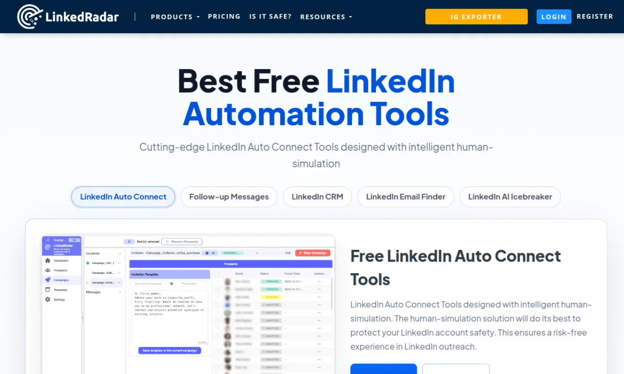 Screenshot of Linktivity / LinkedRadar website