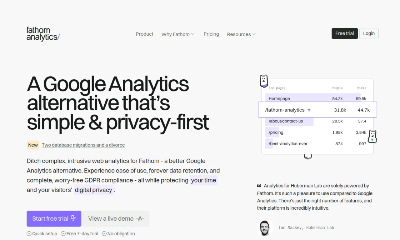 Screenshot of Fathom Analytics website