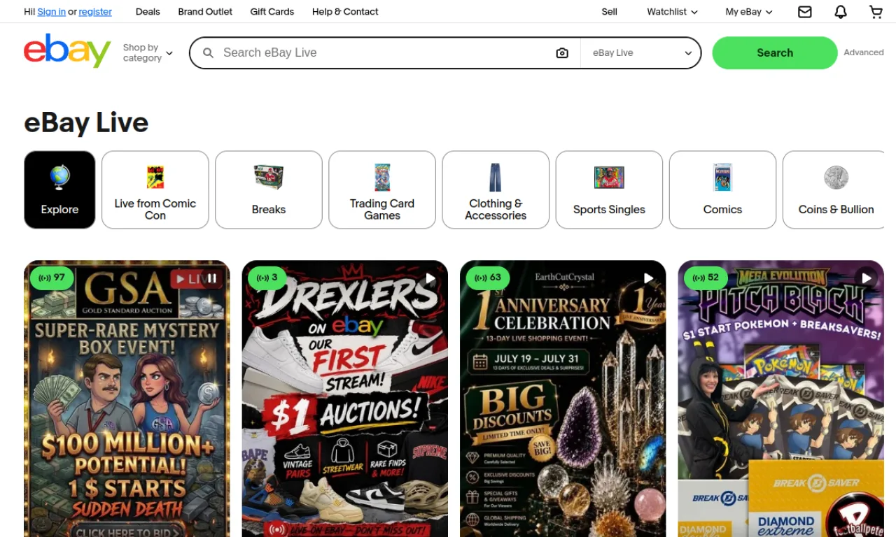 Screenshot of eBay Live website