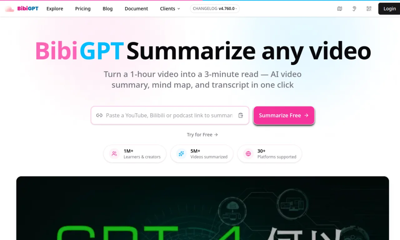Screenshot of BibiGPT website