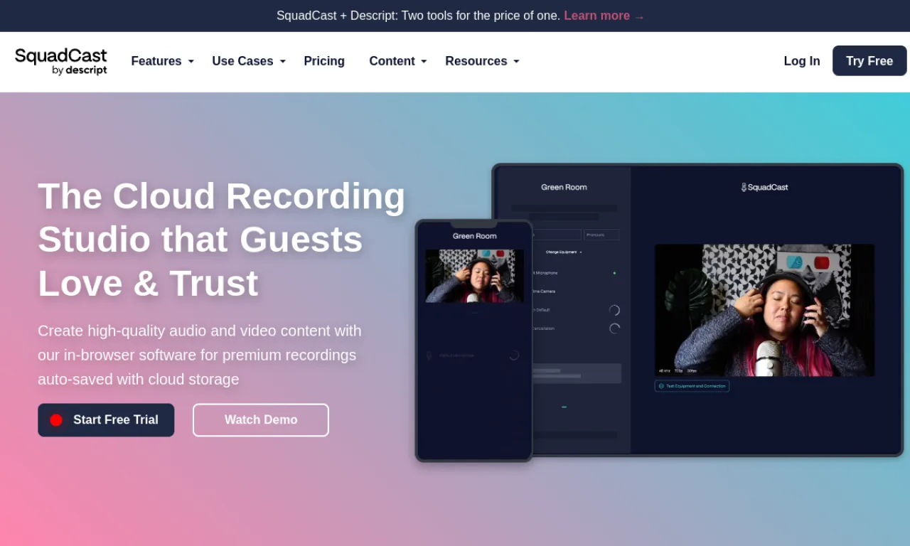 Screenshot of Squadcast (Descript) website