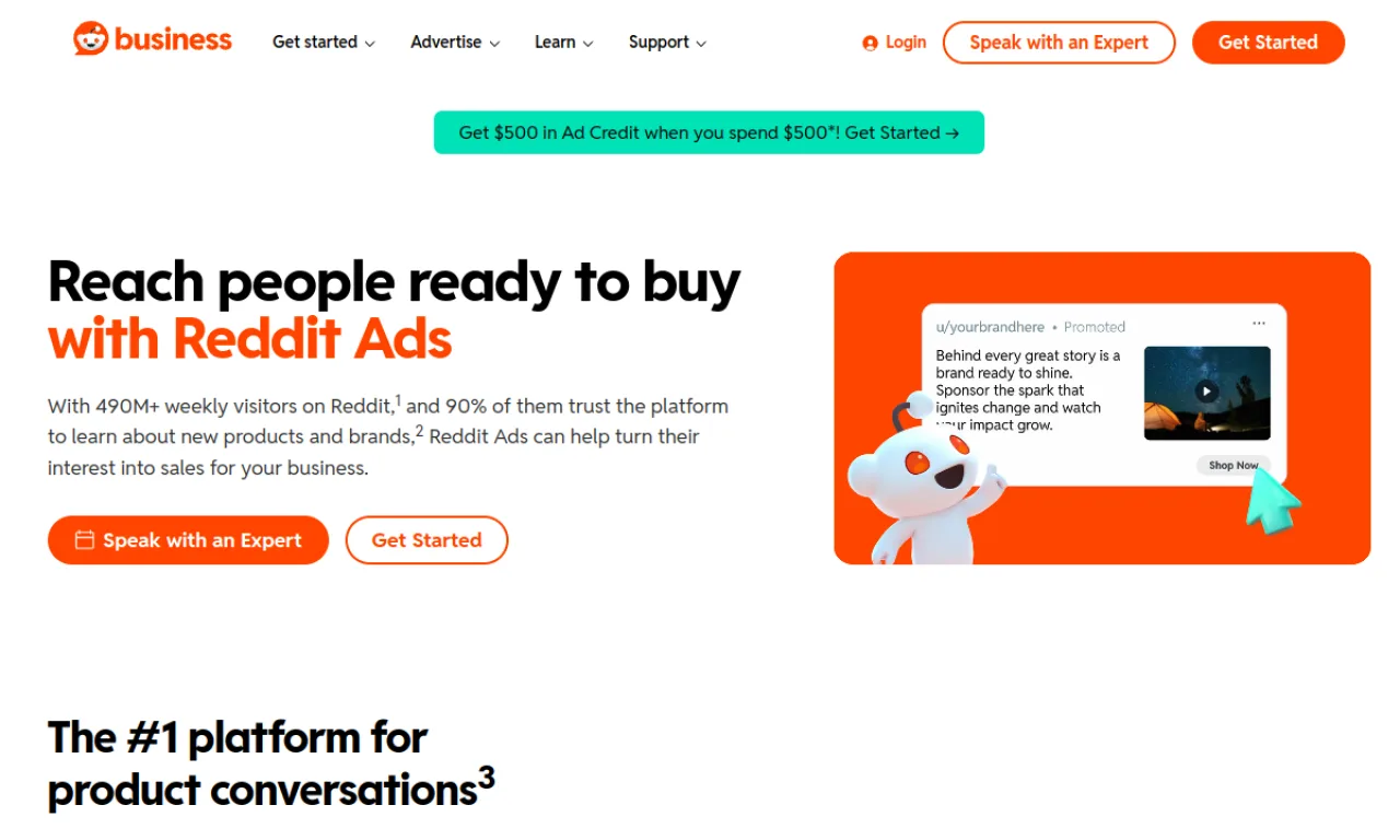 Screenshot of Reddit Ads website
