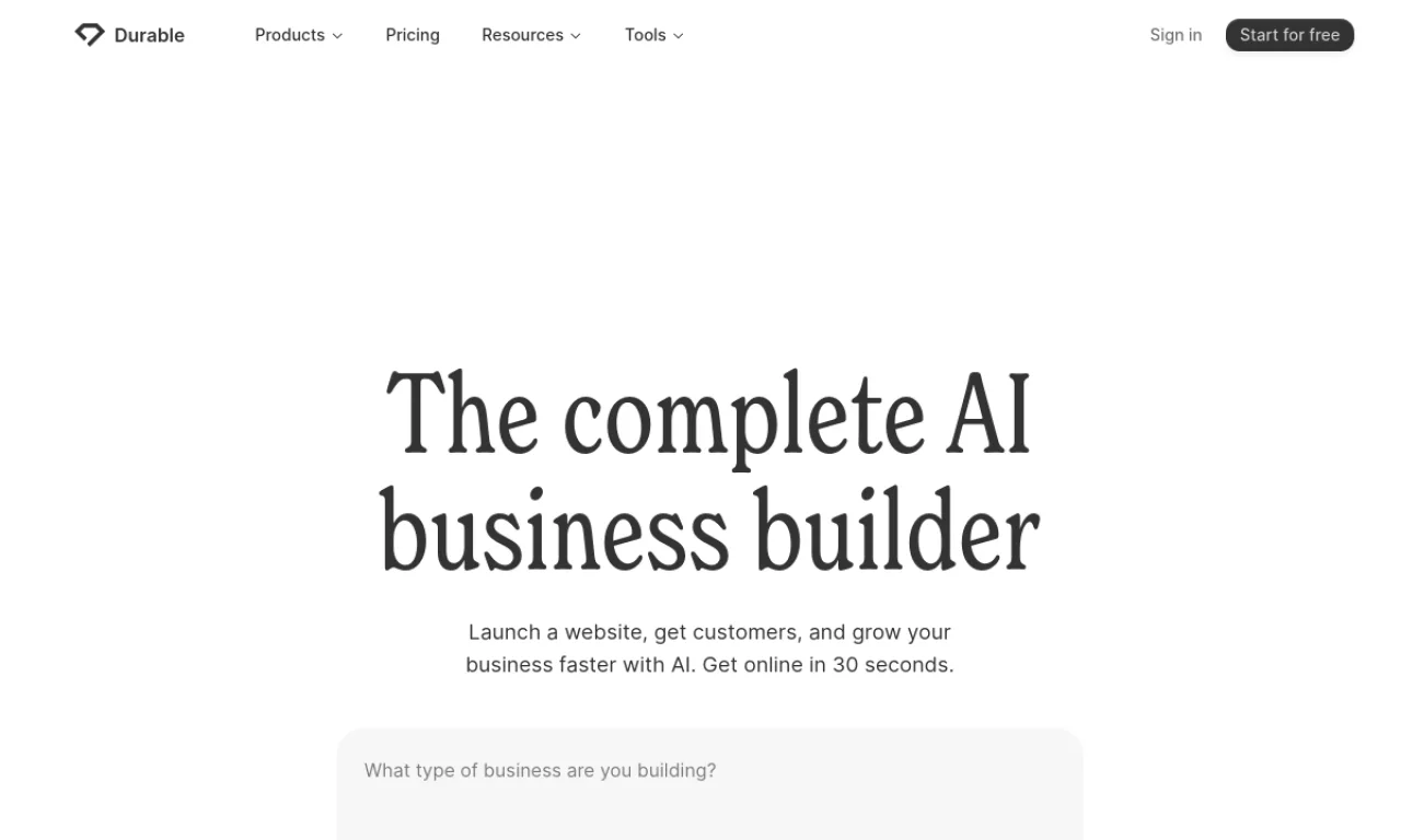 Screenshot of Durable website
