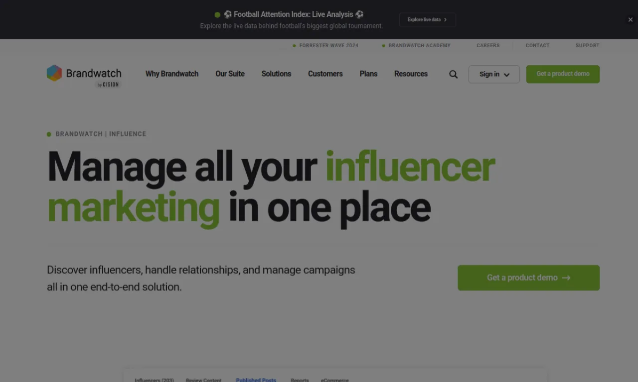 Screenshot of Brandwatch Influence website