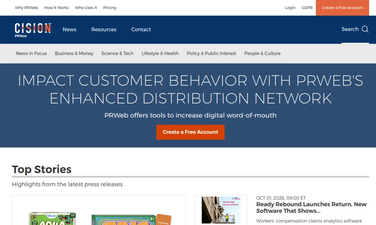 Screenshot of PRWeb website