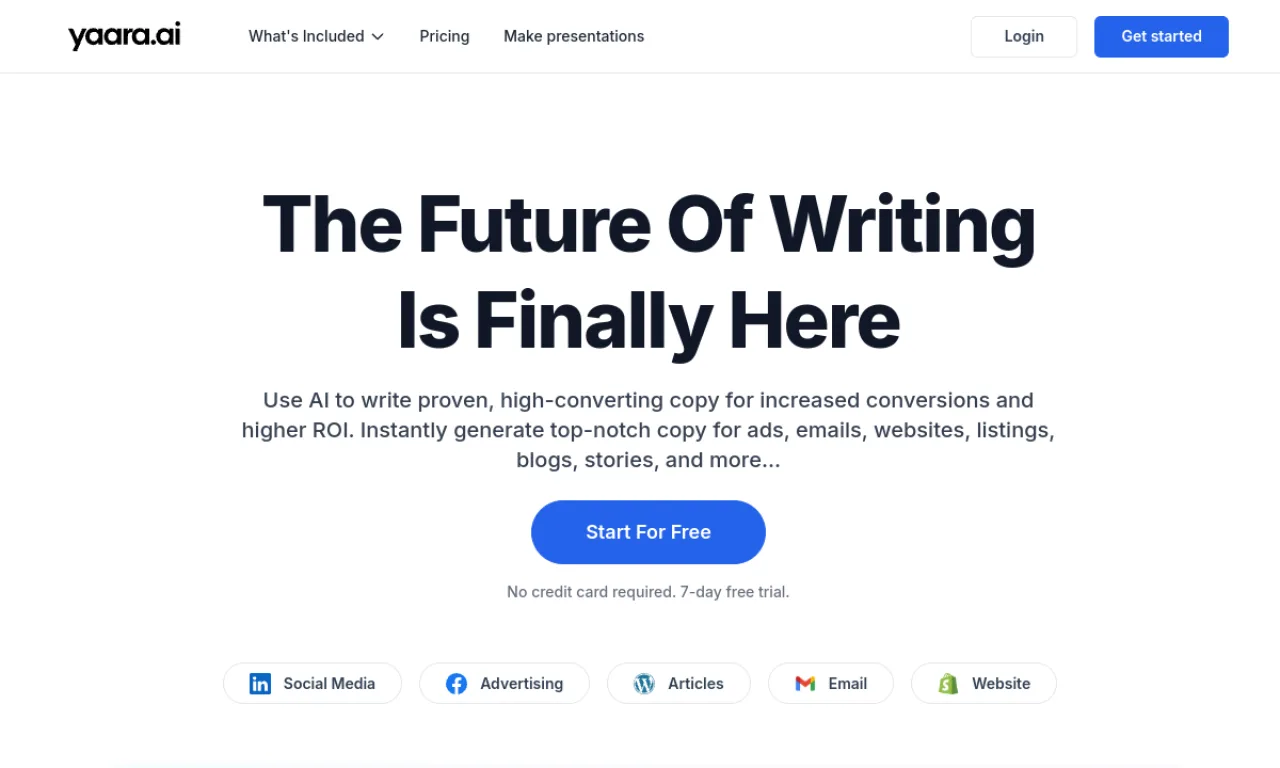 Screenshot of AI Writer / Yaara website