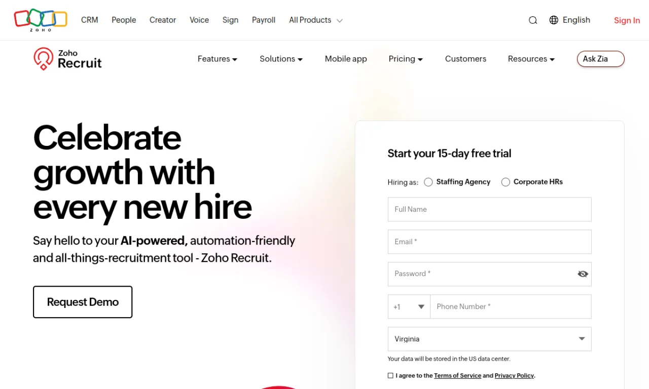 Screenshot of Zoho Recruit website
