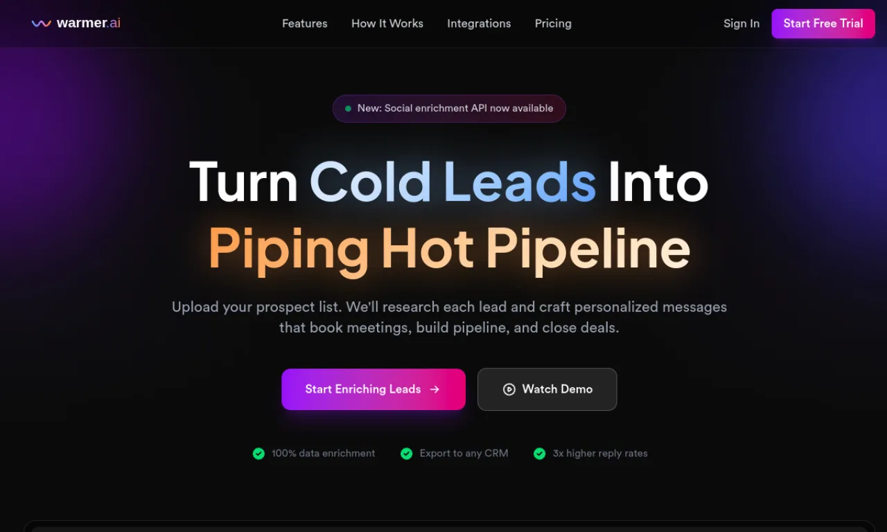 Screenshot of Warmer.ai website