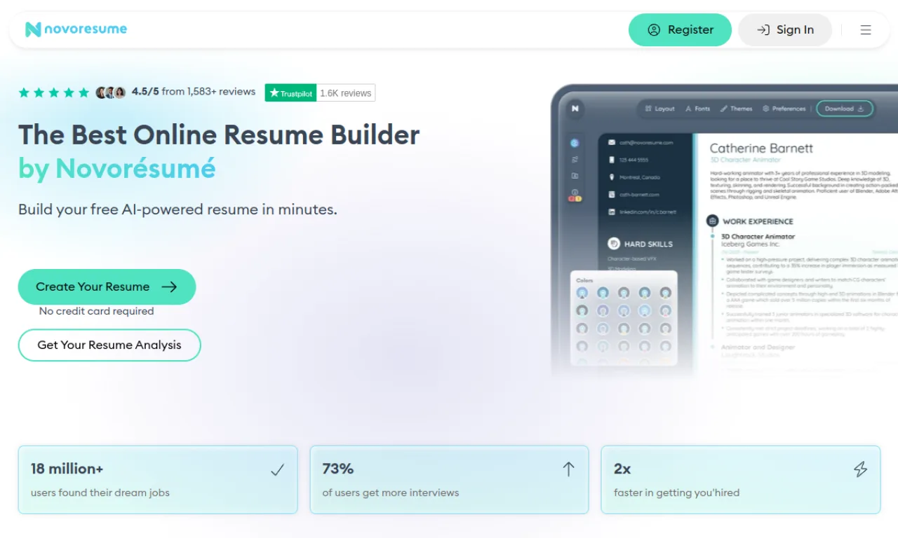 Screenshot of Novorésumé website