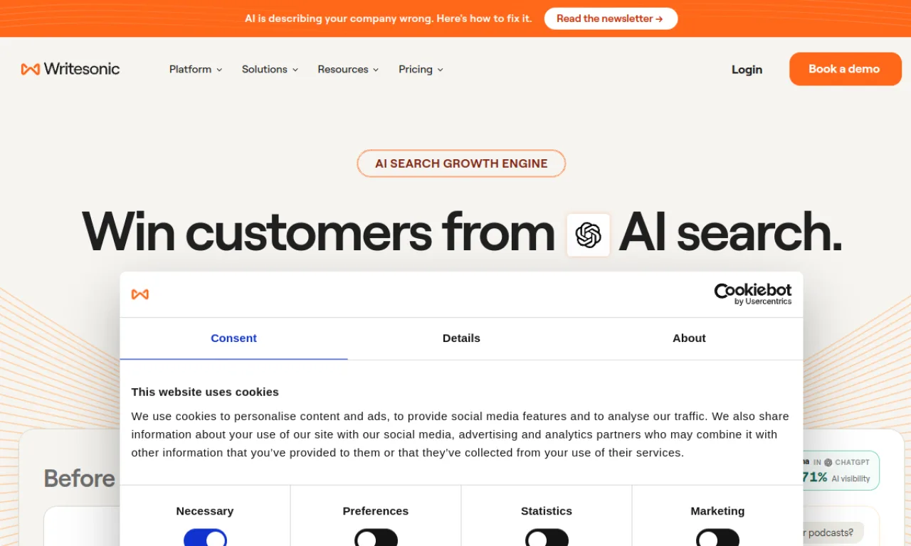 Screenshot of Writesonic website