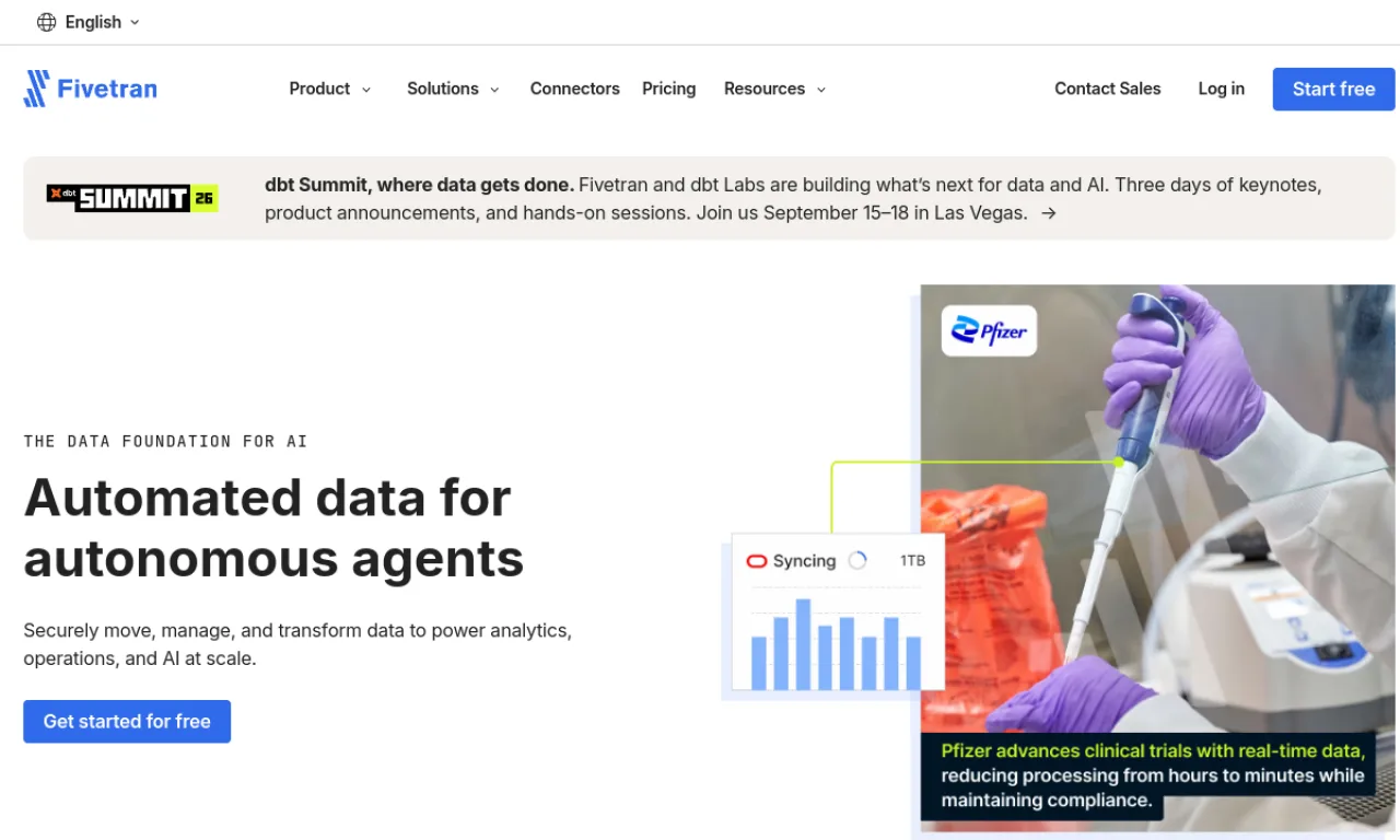 Screenshot of Fivetran website