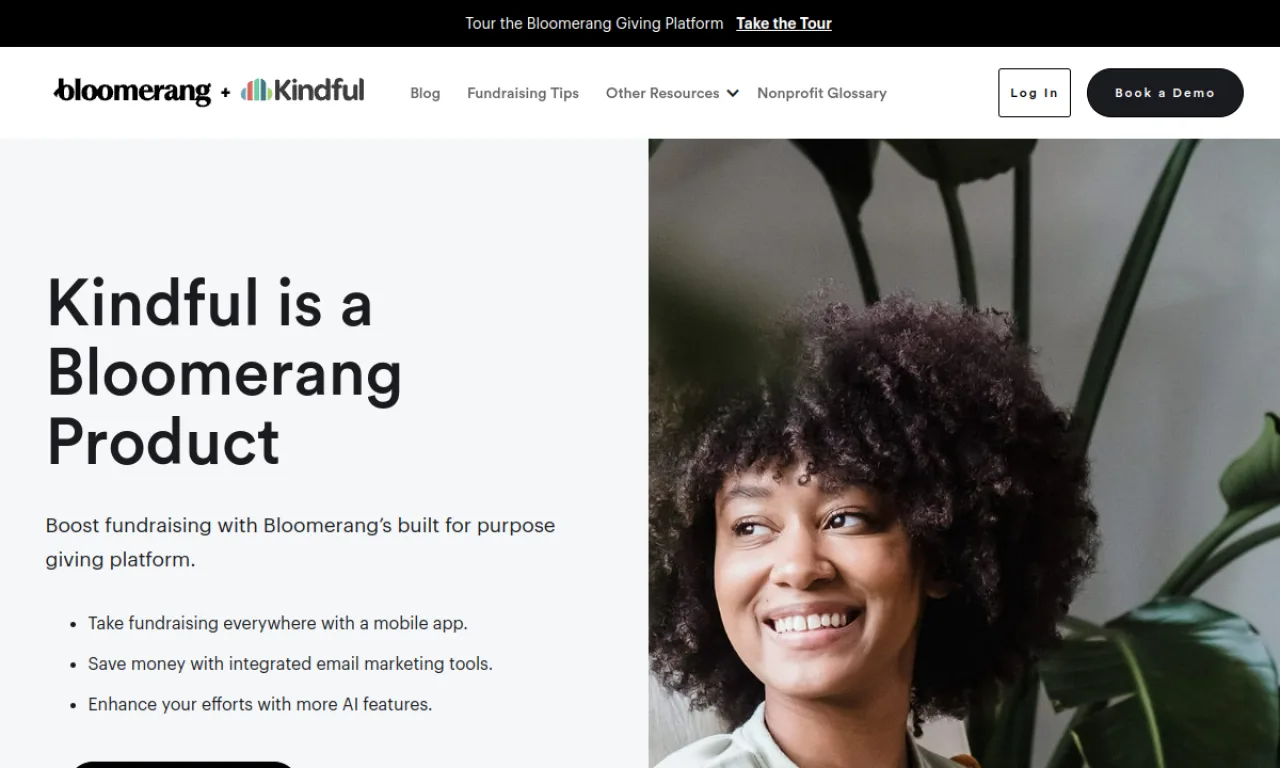 Screenshot of Kindful (Bloomerang) website