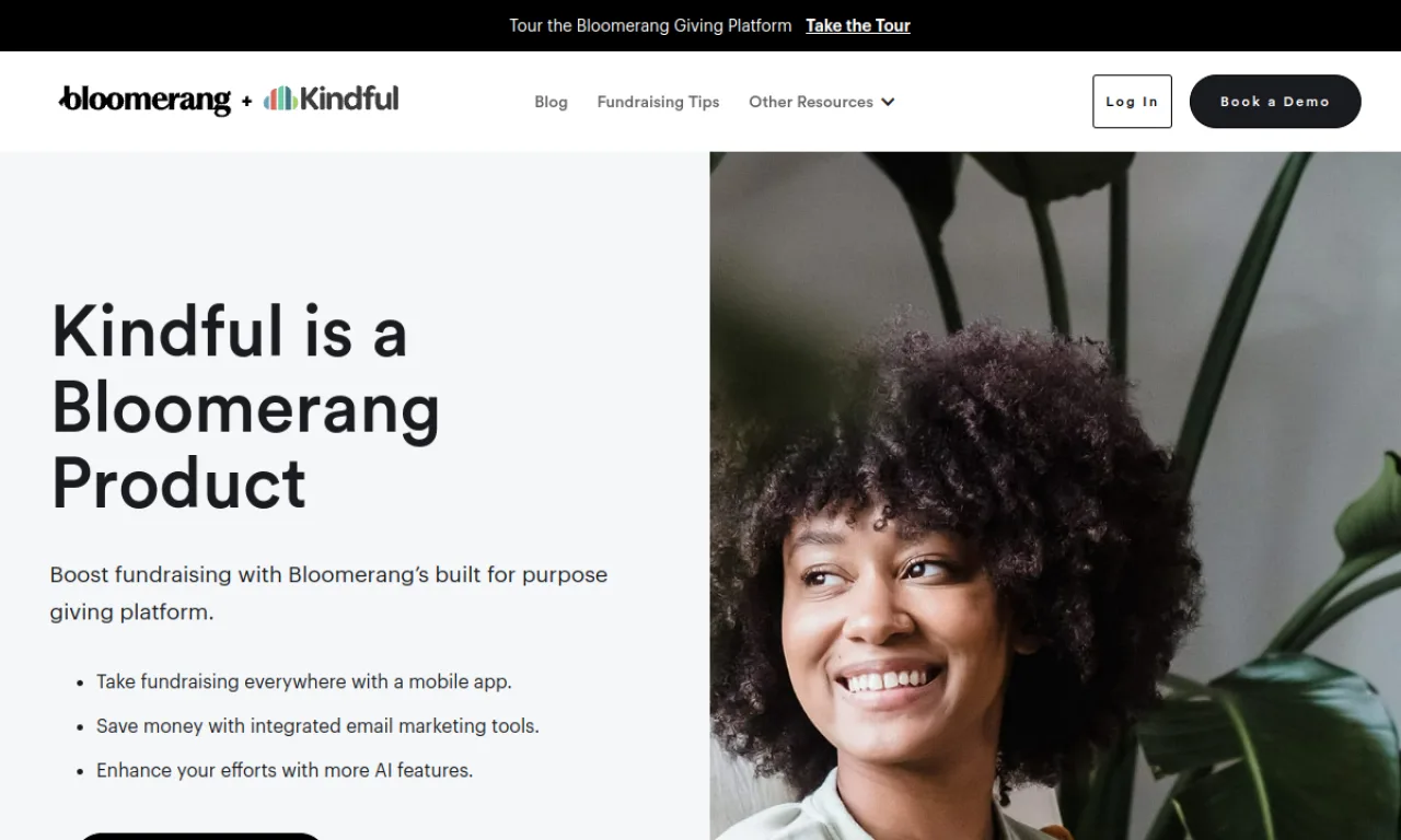 Screenshot of Kindful (Bloomerang) website