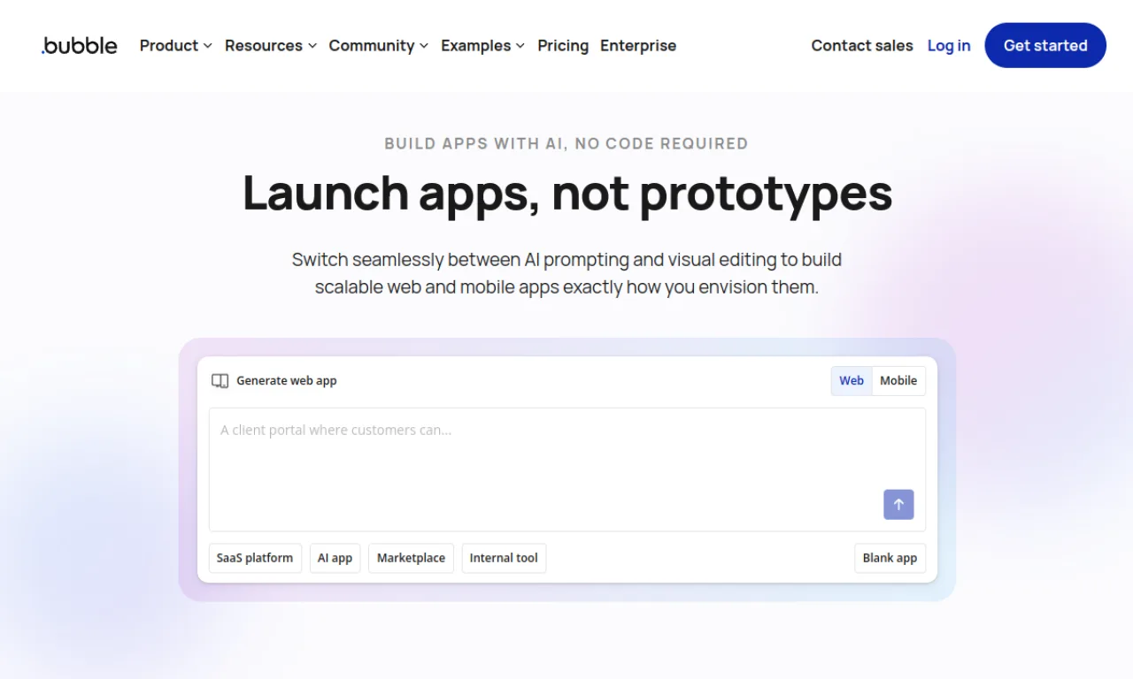 Screenshot of Bubble website
