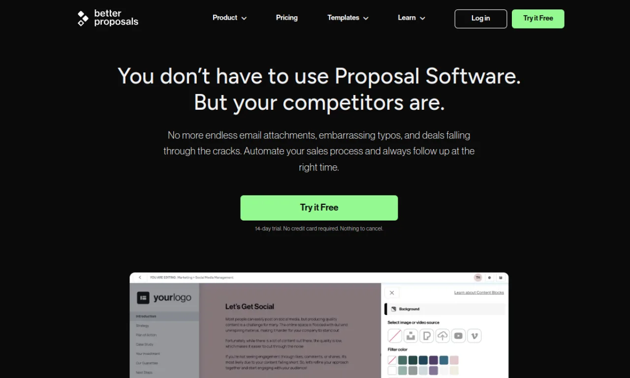 Screenshot of Better Proposals website
