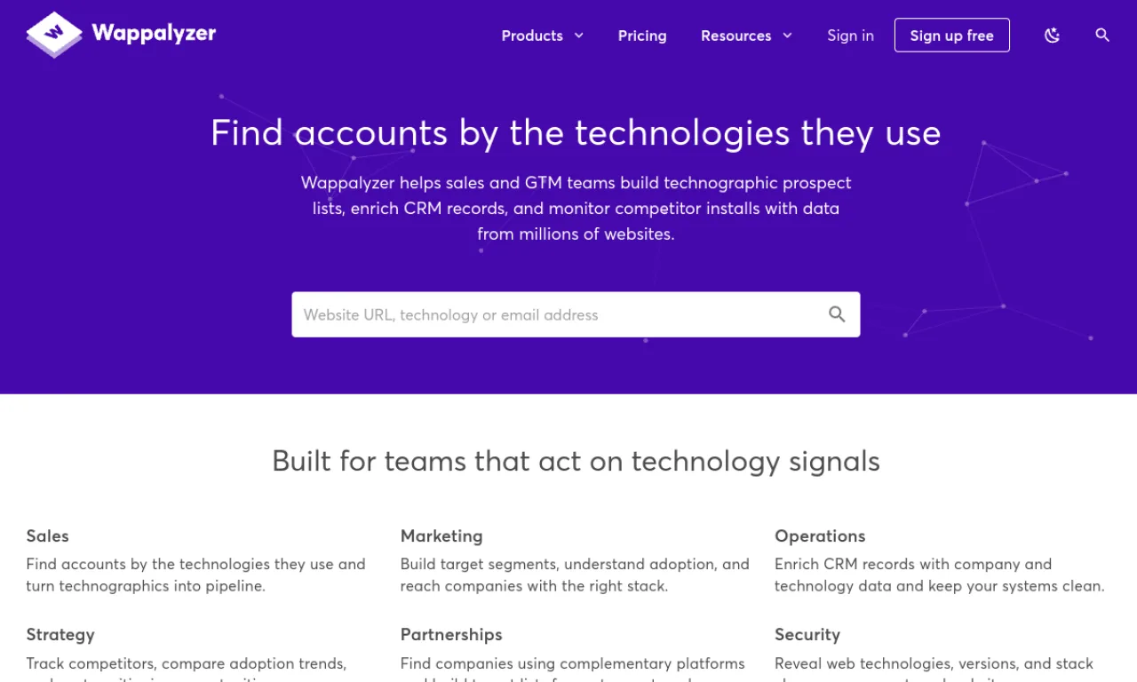 Screenshot of Wappalyzer Leads website