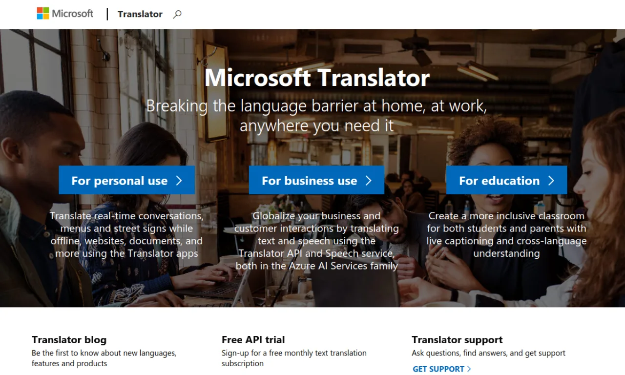 Screenshot of Microsoft Translator website