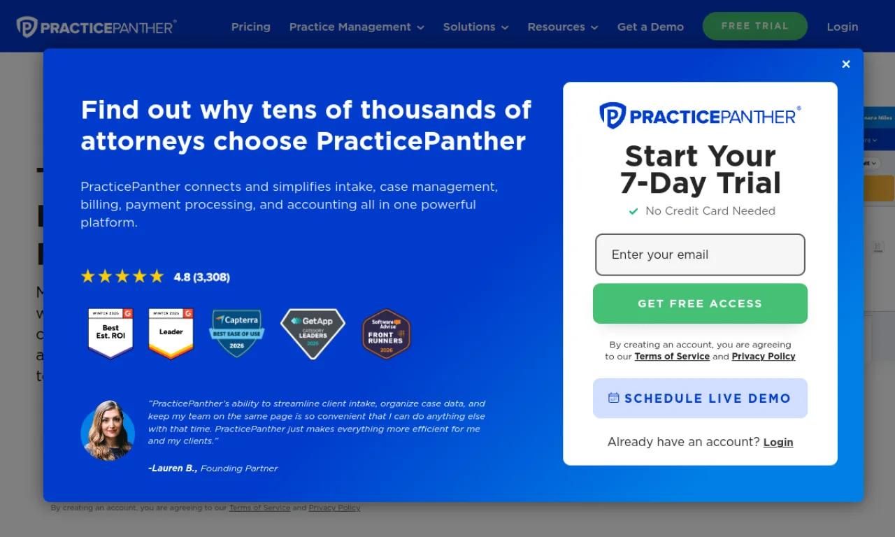 Screenshot of PracticePanther website