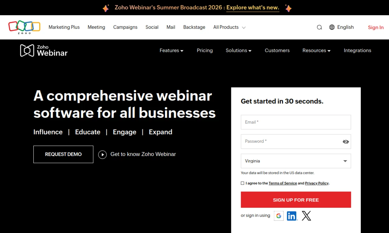 Screenshot of Zoho Webinar website