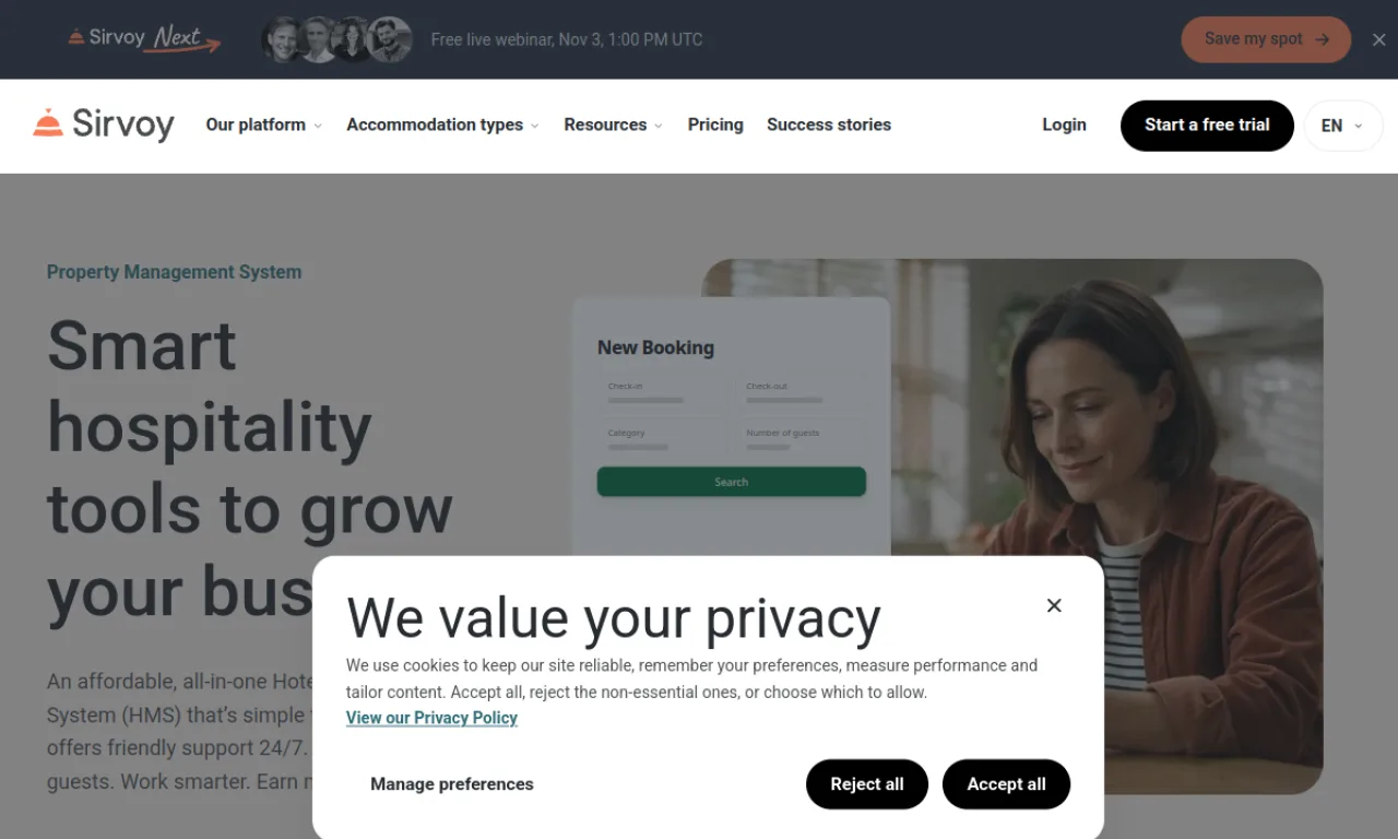 Screenshot of Sirvoy website