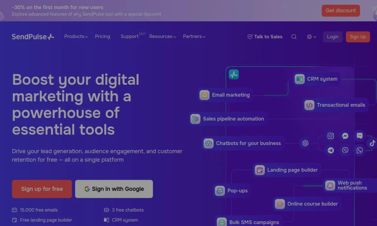Screenshot of SendPulse website