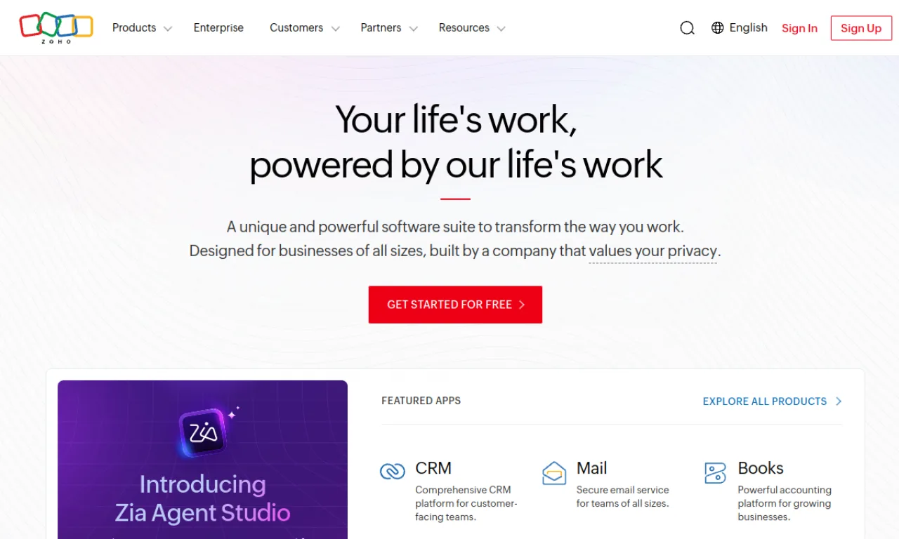 Screenshot of Zoho Books website