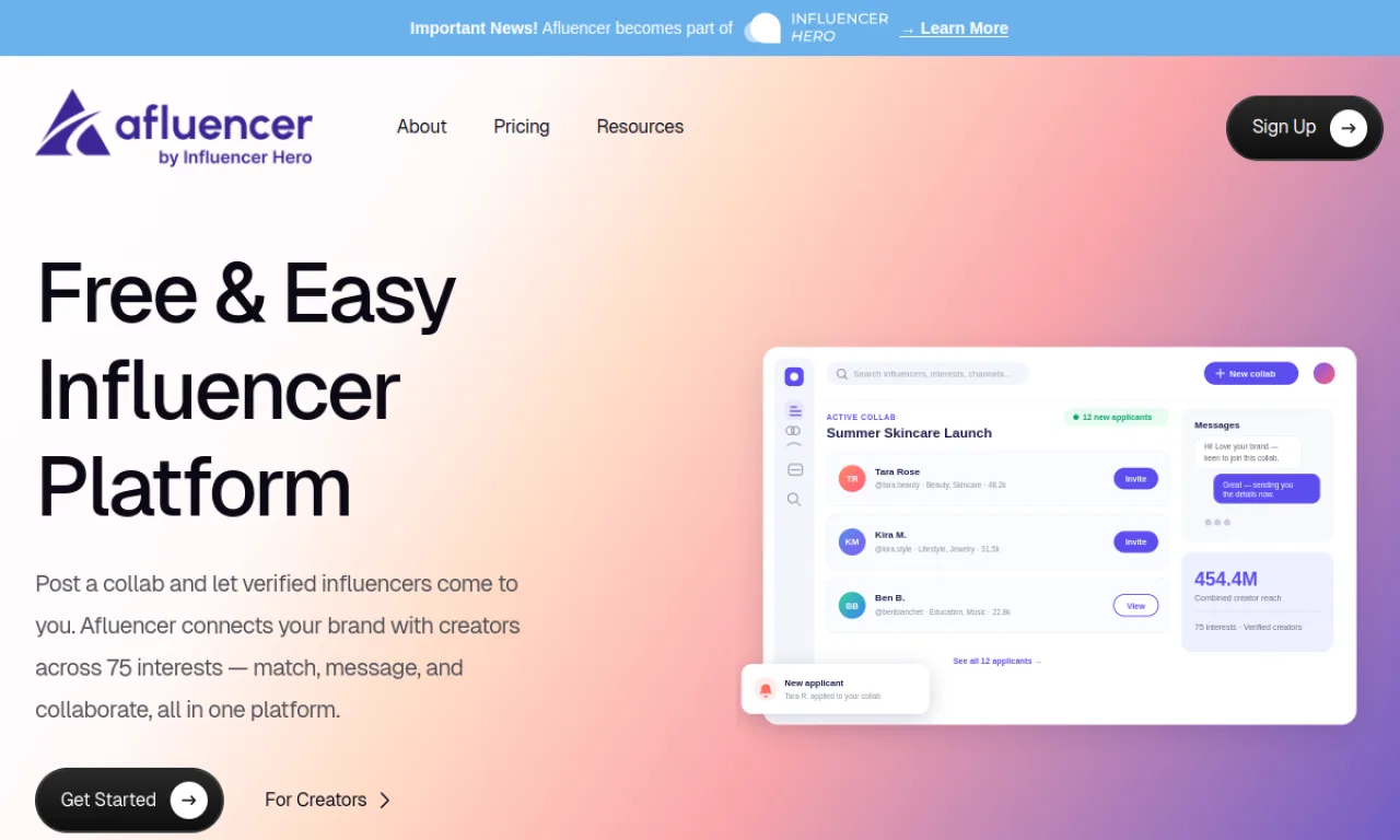 Screenshot of Afluencer website