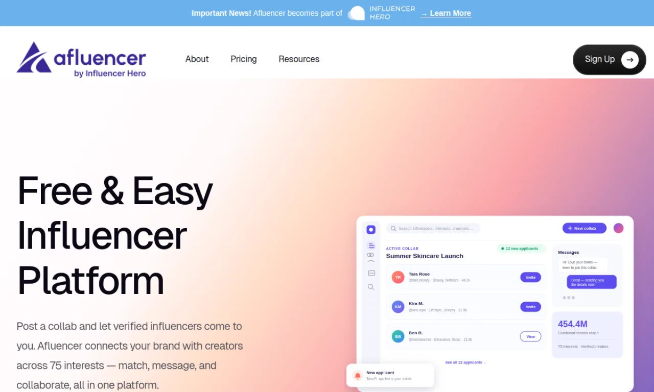 Screenshot of Afluencer website