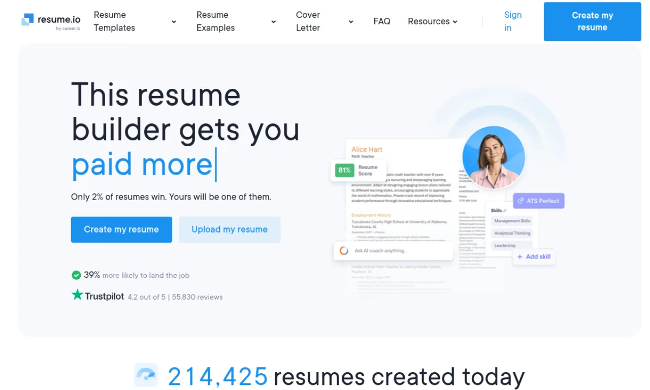 Screenshot of Resume.io website
