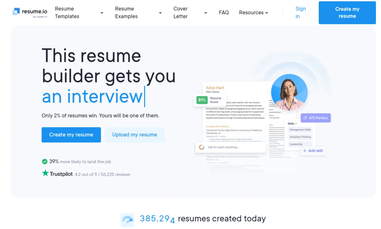 Screenshot of Resume.io website