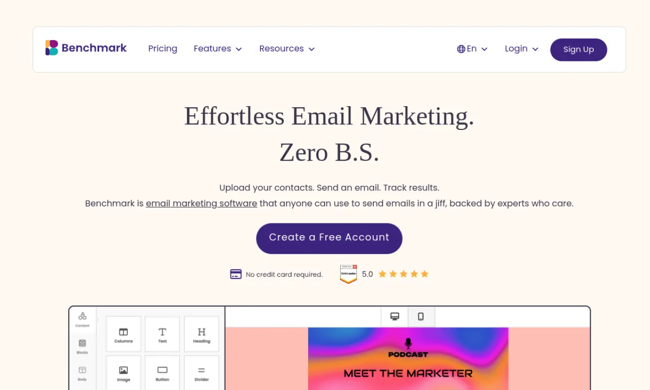 Screenshot of Benchmark Email website