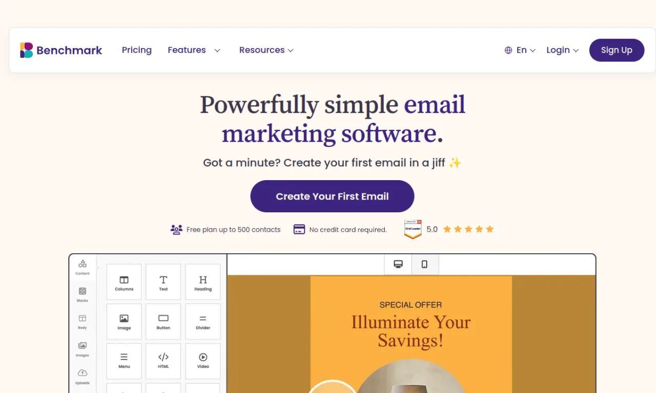 Screenshot of Benchmark Email website
