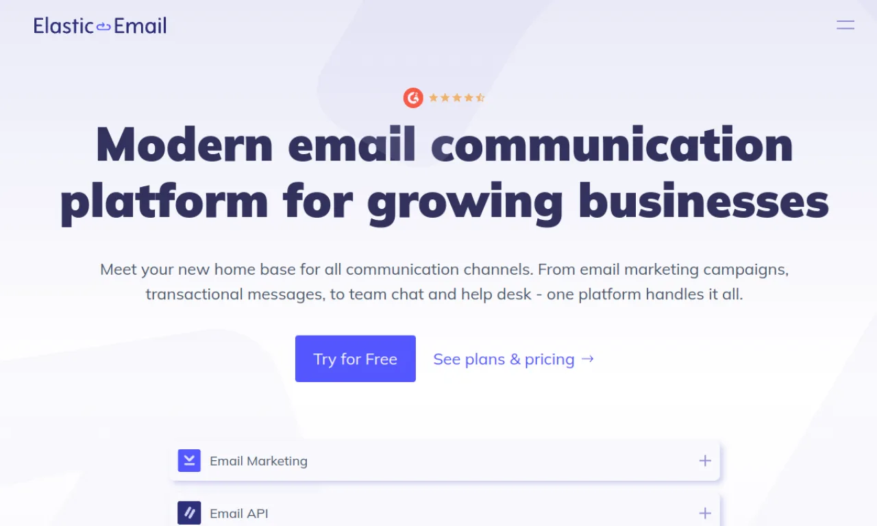Screenshot of Elastic Email website