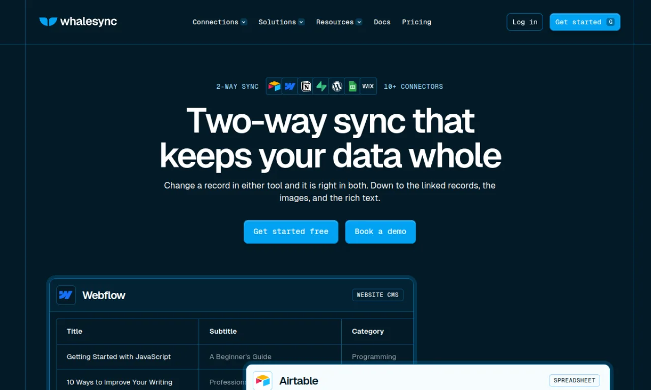 Screenshot of Whalesync website